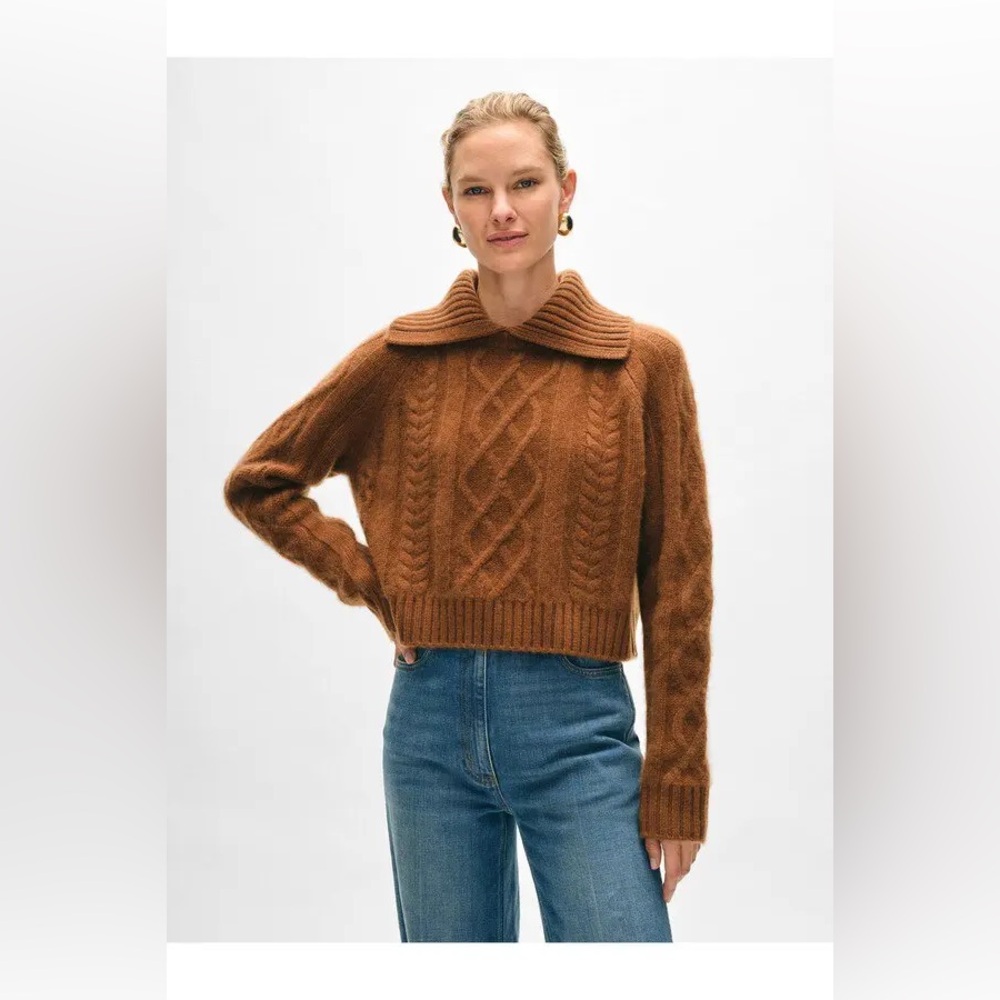 NWT White + Warren Cashmere Luxe Cable Collar Crewneck Large - Cedar Brown